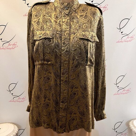 Liz Claiborne. Sz 6. Rayon. Tan Gold Long Sleeve Paisley Stand Up Collar. B113 - Picture 1 of 3